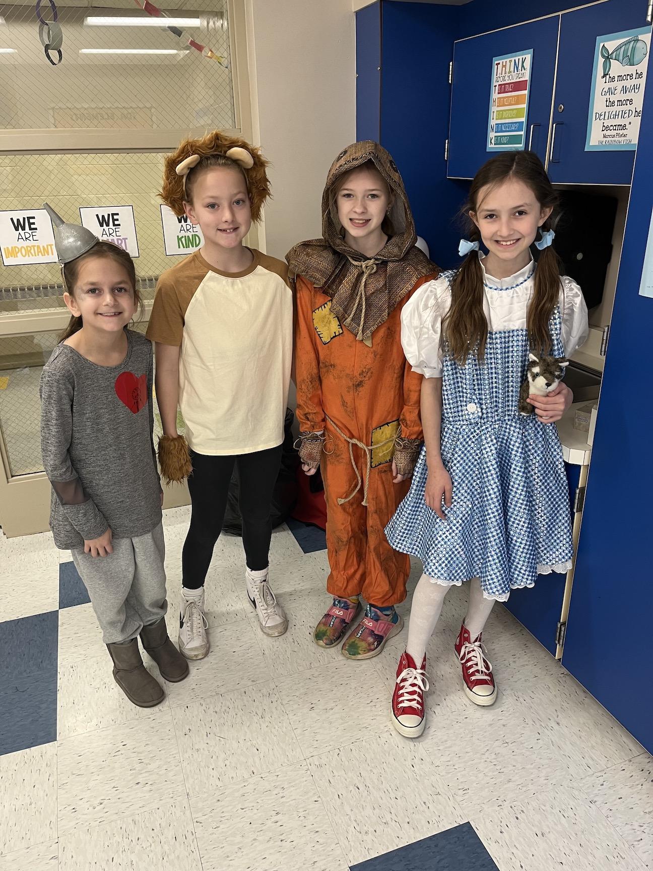 The Wizard of Oz:  Hallie Colmeman as Tinman, Lyla Lebe as Lion, Maddie Meyer as Scarecrow, Annie Onderek as Dorothy