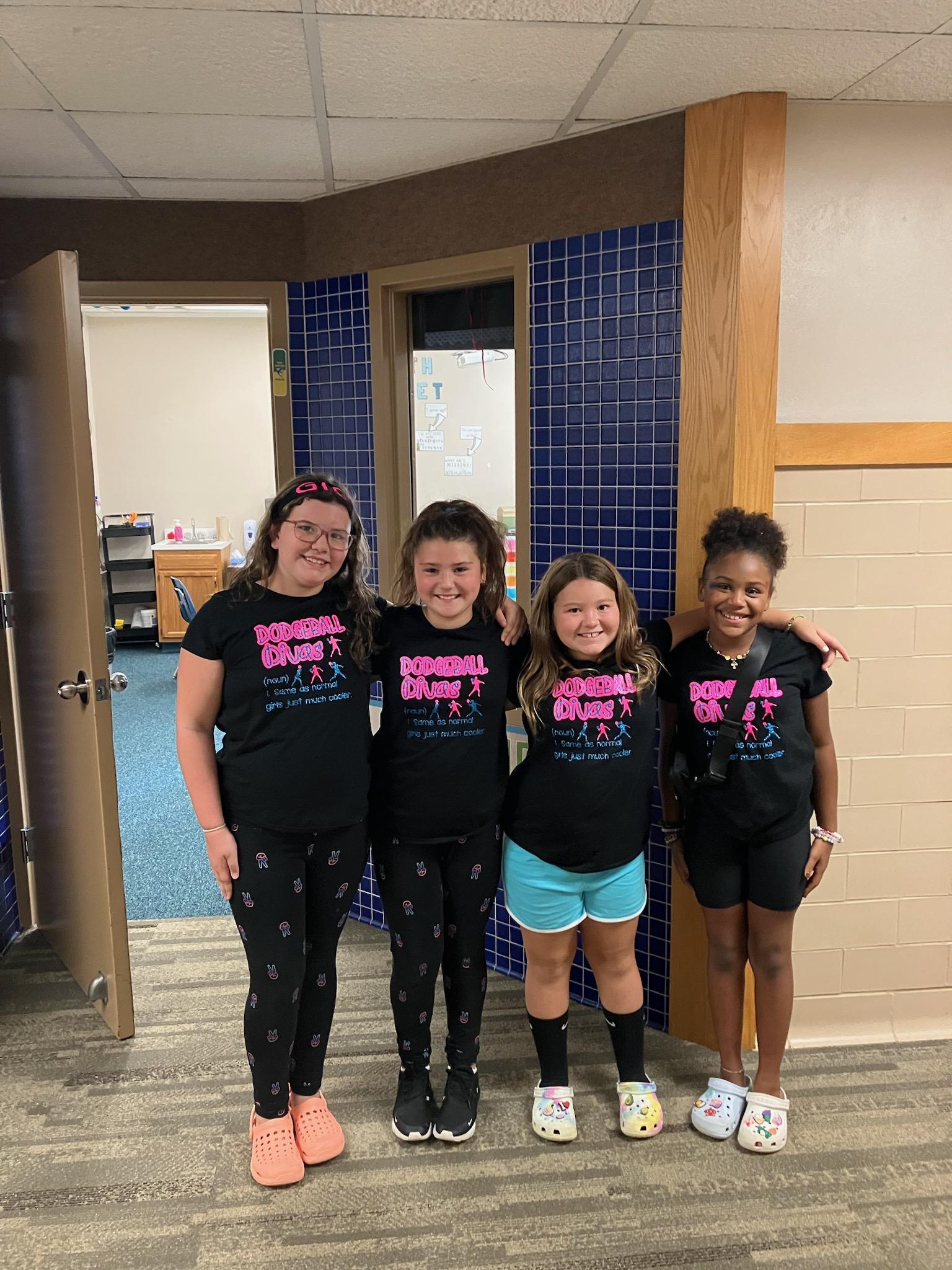 Level Green 4th-graders Gigi Del Signore, Nina Giovannitti, Addison Osborne, and Satarah Masters wore matching shirts for Neon Day