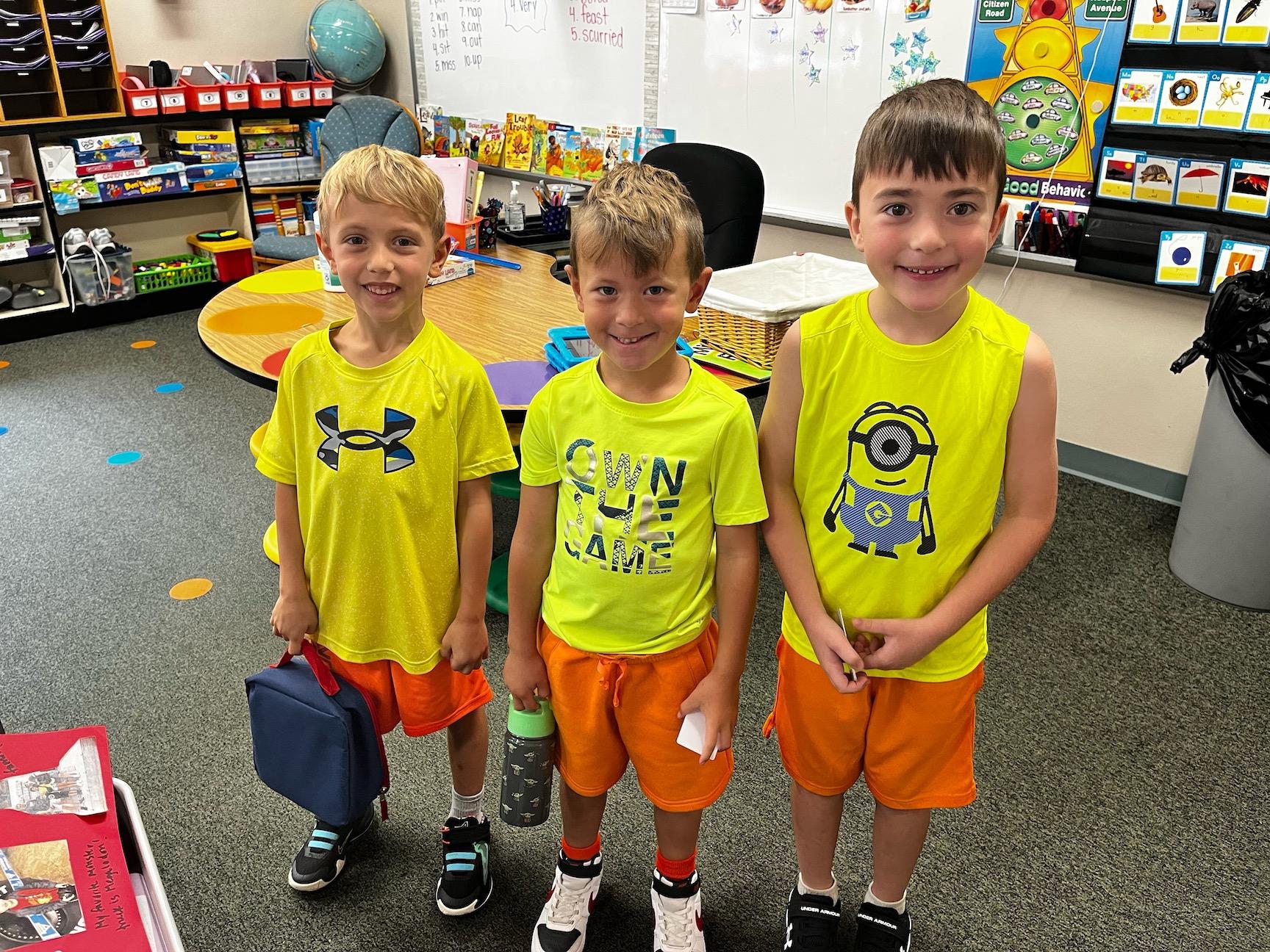 Level Green 1st-graders Connor Nese, Maverick Conley, and Ethan Borst on Neon Day