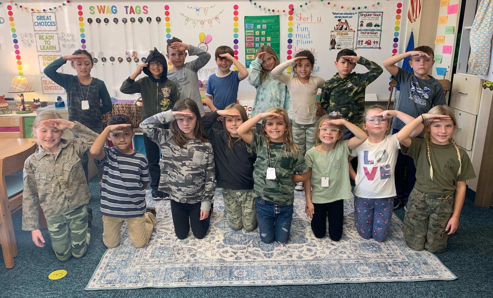 At Level Green Elementary, Tuesday’s theme was “CAMO Day’; Mrs. Damaska’s second-graders choose to ‘be all that you can be’